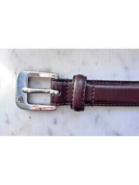 Vintage Ralph Lauren Genuine Brown Leather Belt Silver RL Logo Buckle Women's M